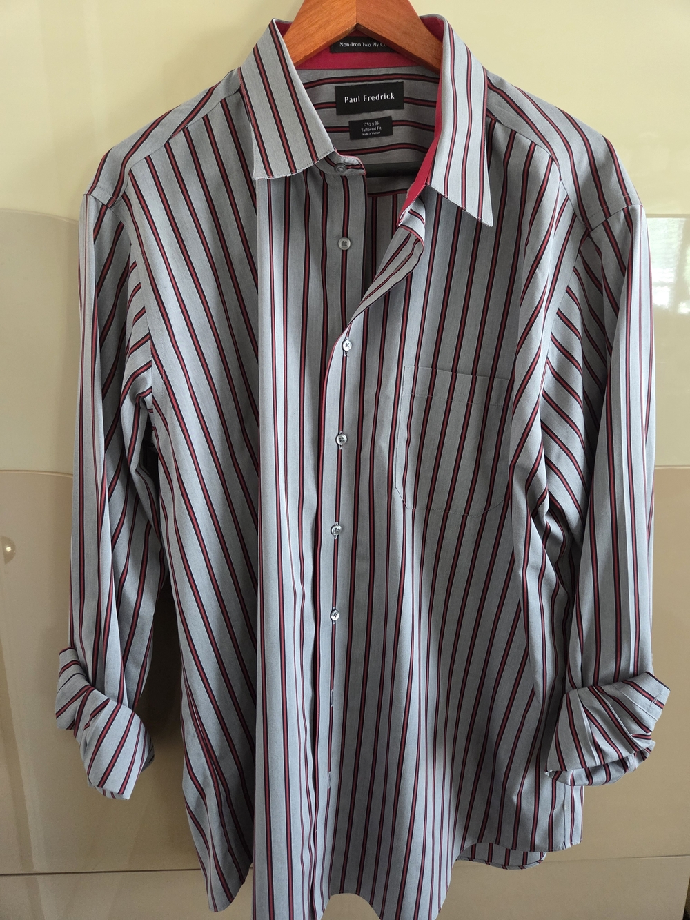 Paul Fredrick Men’s Grey Shirt with Red Stripe